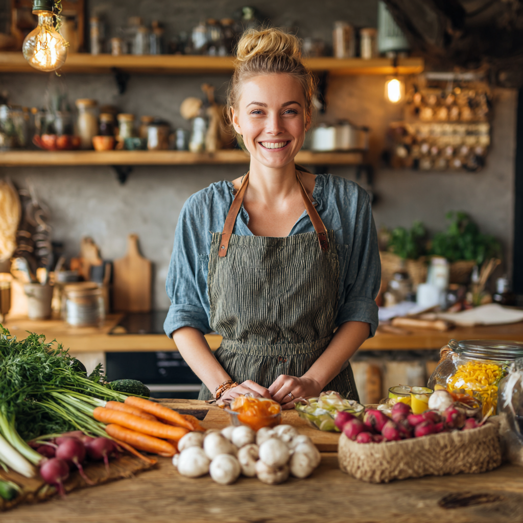 Skupina slovenských dospelých rôznych vekových kategórií sediacich pri stole s farebnými čerstvými potravinami, usmievajú sa a zdieľajú zdravé jedlo v prirodzenom svetle