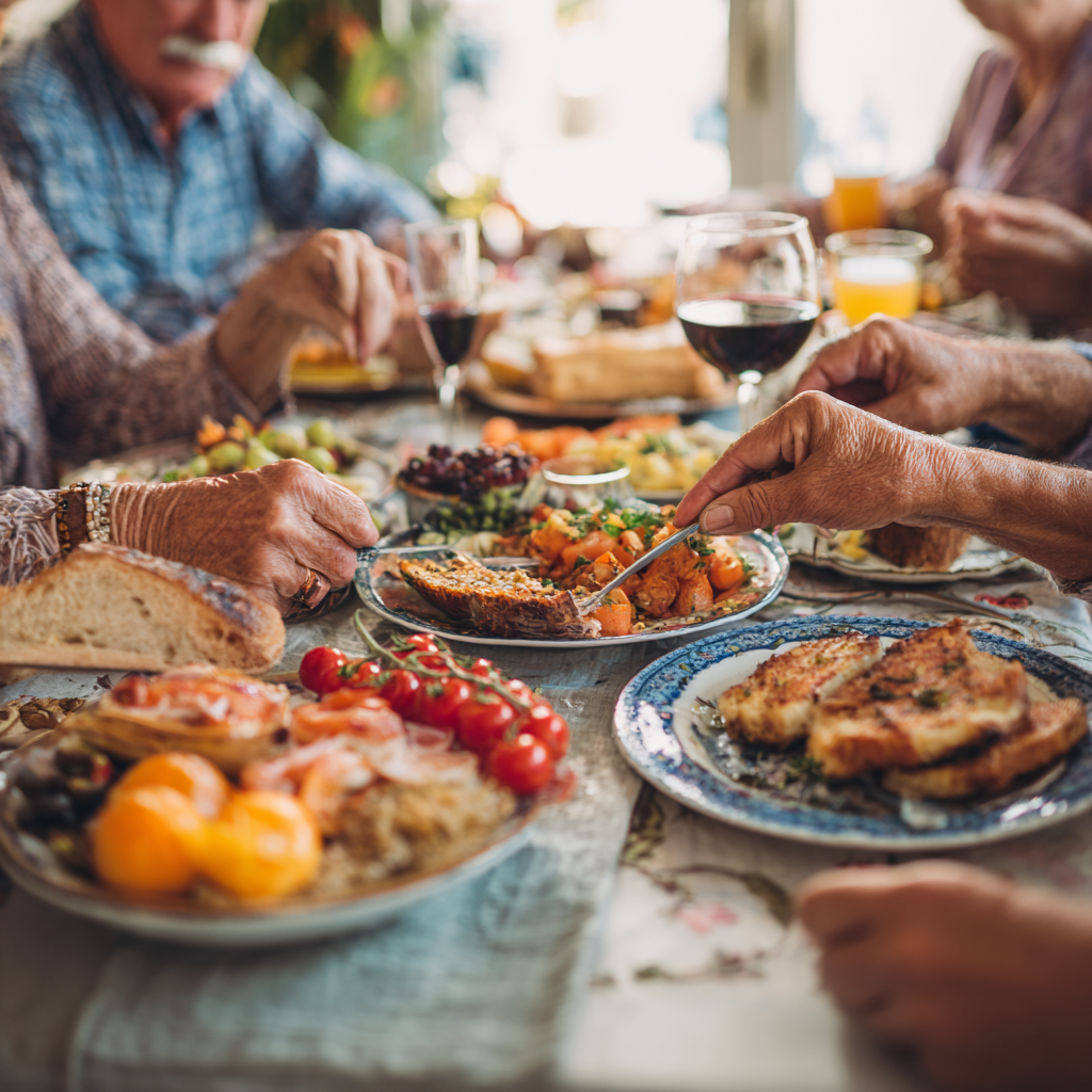 Slovenský dospelý muž a žena pri stole s hodinami a farebným týždenným plánom stravy, usmiati a diskutujúci o rozvrhu jedál v kuchyni s prirodzeným svetlom
